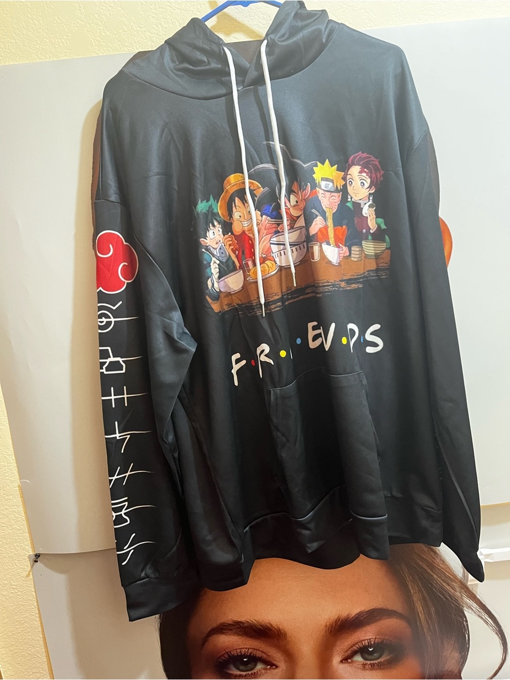 Source Unknown Black Crewneck Hoodie with Colorful Anime Character Graphic